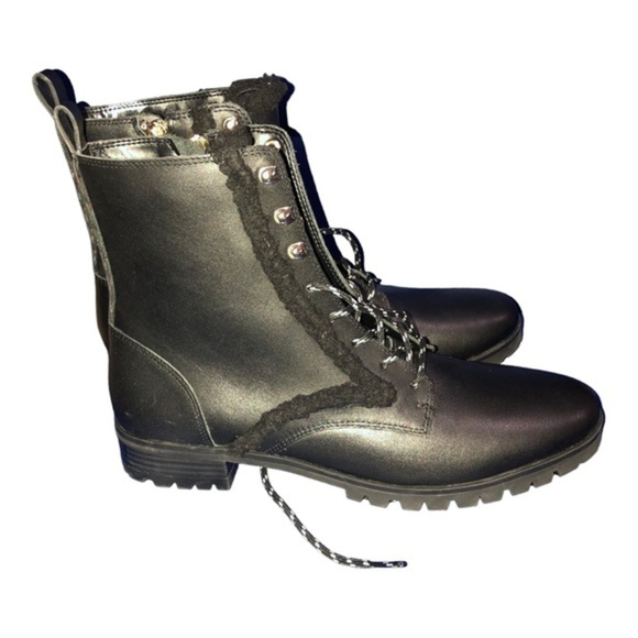 Kate Spade Black Raquelle Lace Up shearling Combat ankle Boots size 8.5 new - Picture 2 of 12
